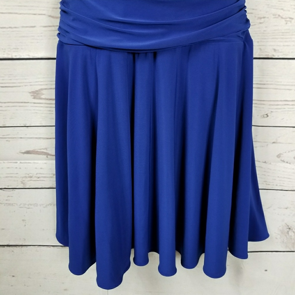 DRESSBARN sleeveless draped neck blue ruched dress - Picture 3 of 7